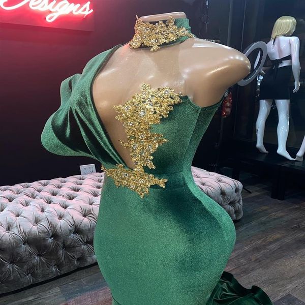 Élégant vert velours sirène robes de bal robes de soirée col haut dentelle Appliqued perles robes de soirée balayage train fête Dress335p