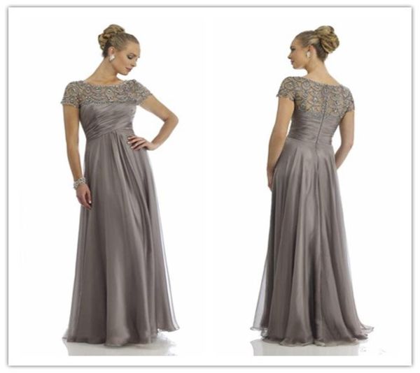 Elegante vestido gris de gasa de cristal para madre, manga corta, volantes de diamantes de imitación, escote redondo imperio, vestidos para madre de la novia Evenin2363594