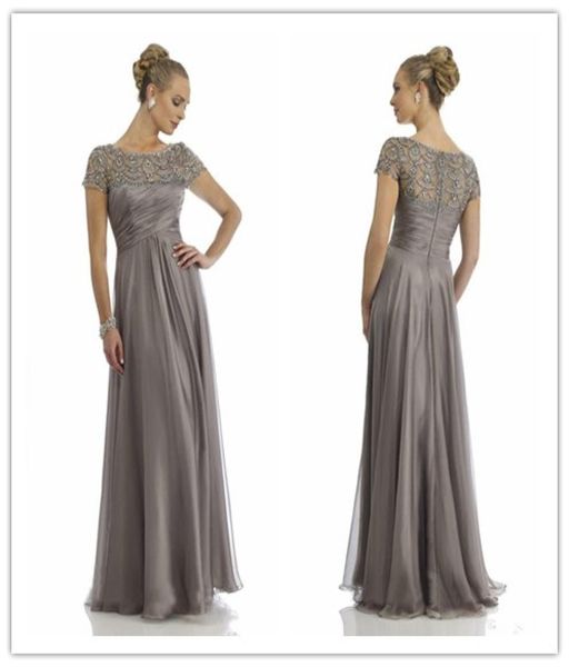 Elegante vestido gris de gasa de cristal para madre, manga corta, volantes de diamantes de imitación, escote redondo imperio, vestidos para madre de la novia Evenin2513106