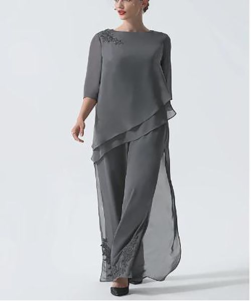 Élégant gris mère de la mariée pantalons costumes en mousseline de soie large pantalon demi manches bijou cou robes de soirée de mariage élégant marié maman robes formelles sur mesure