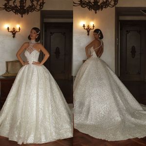 Élégant licou arabe robes de mariée robe de bal sans manches paillettes dentelle robe de mariée dos nu sur mesure