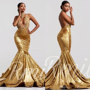 Elegant Halter Velvet Mermaid Prom Dresses 2020 Lace Applique Backless Sweep Train Evening Jurkens Vestido de Festa BC3352