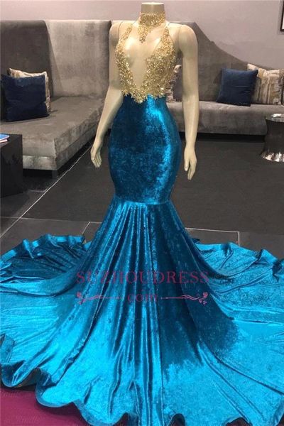 Élégant licou velours sirène robes de bal 2020 or dentelle appliques dos nu balayage Train formelle fête robes de soirée BC3424