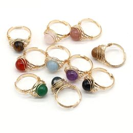 Élégant à la main à la main de couleur or enveloppe de fil à billes de pierre de pierre anneaux reiki guérir les amethystes agates sonnez des femmes de fête de fête de mariage jewelry 240322