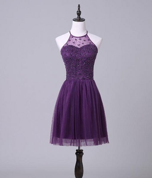 Elegant Hanging Neck Purple Prom Robes Back Back Hollow Tulle Party Preeted Jirt Europe and the United States Cocktail Robes Hy1821