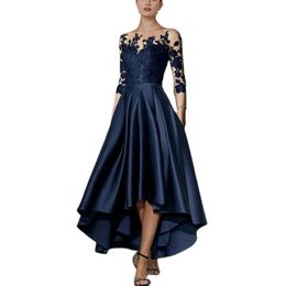 Elegant Hi-Lo Lace 3/4 Mouwen Moeder van de bruid jurk Satin Navy Blue Formele feestjurk plooien La Madre del Vestido de novia damesjurken met zakken