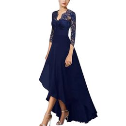 Elegante Hi-Lo Lace V-hals moeder van de bruid jurken chiffon asymmetrische petermother jurken formele feestjurken plooien la madre del vestido de novia damesjurken