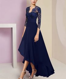 Elegante Hi-Lo Lace V-hals moeder van de bruid jurken chiffon asymmetrische petermother jurken formele feestjurken plooien la madre del vestido de novia damesjurken