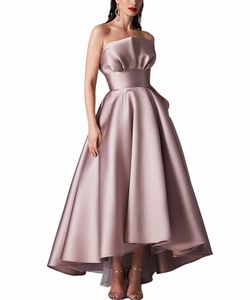 Elegante Hi-Lo Pink Satin Evening Dres met zakken A-lijn geschulpte asymmetrische lengte bruiloft Gast DR For Women O3BG#