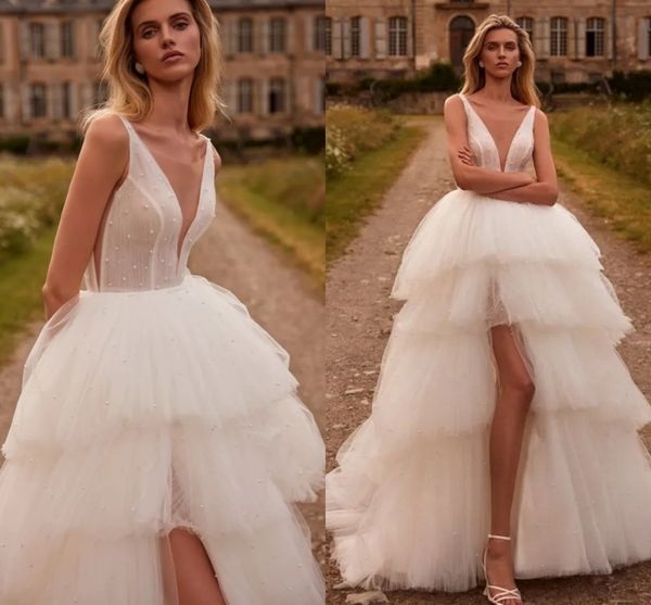 Elegante vestido de novia alto y bajo para mujer 2024 cuello en V sin mangas perlas con gradas de tul vestidos de fiesta de novia nuevo diseñador Vestido De Novia personalizado