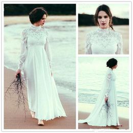 Élégant col haut à manches longues Empire plage robes de mariée en dentelle en mousseline de soie longueur de plancher robes de mariée taille personnalisée 2017 robe de mariée