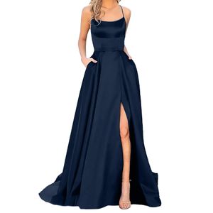 Elegante hoge split avond maxi-jurk sexy vetersluiting backless lange jurken marineblauw mouwloos hoge taille feest 240117