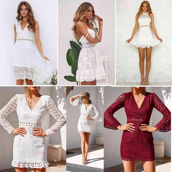 Élégant évider dentelle robe femmes sans manches été style midi robe blanche printemps court décontracté creux fête robe de soirée vêtements