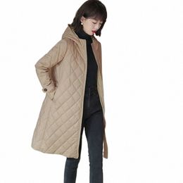 Élégant à capuche Diamd Plaid Manteau Femme Slim Polyvalent LG Parka Automne Hiver Nouvelle couleur unie Down Cott Manteau Parka Fi B2Hs #