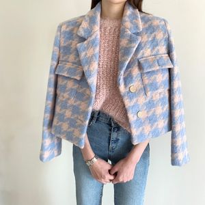 Élégant pied-de-poule cranté à manches longues épaissir chaud laine courte veste manteau femme plaid poche simple boutonnage vêtements d'extérieur 210416