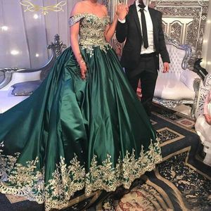 Elegante Hunter Green Quinceanera -jurken voor debutante kant van de schouder Lang satijnen prom ball jurk zoet 16 jaar feestjurk voor junior girls 2022 Vestido 15 anos