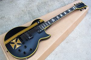 Élégant IRON CROSS SW Old Electric Guitar Yellow Striped Cross, Black Body et Black Hardwares, Special Frets Inlay, peut être personnalisé