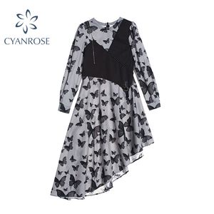 Elegante onregelmatige vrouwen jurk vlinder print herfst casua lange mouw vrouw o-hals A-lijn jurk dame vintage partij vestidos 210417