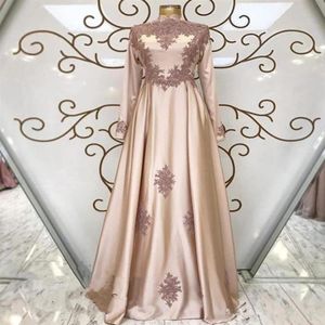 Elegante islam moslimavondjurken lange mouwen hoge mouwen hoge nek een lijn kanten applique prom jurk plus maat Arabische kafische feestjurken SA315T