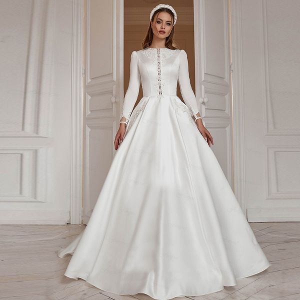 Élégant islamique une ligne robes pour mariée bouton dos satin robe de mariée musulmane 2023 arabe Dubaï église robes De Novia 326 326