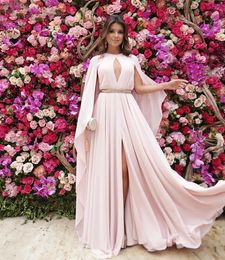 Elegante Ivory Avondjurk Party Front Slit Chiffon Dubai Arabische Saudi Moslim Avondjurken Lange Abiye Gece Elbisesi