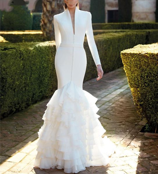 Élégant Ivoire Sirène Robes De Mariée À Manches Longues Creux Dos Boutons Tiers Fishtail Col En V Profond Sexy Simple Printemps Automne Robes De Mariée 2023 Robe De Mariee