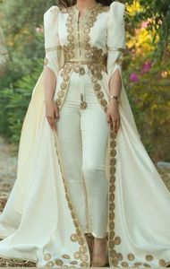 Elegante ivoor Morlocaanse Kaftan -avondjurken met gouden kanten Appliques vrouwelijke jumpsuits kristal kralen Arabisch formele feestjurk puff lange mouwen prom -jurk