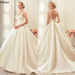 Elegante satén marfil Una línea Vestidos de novia Sexy Espalda abierta Apliques de encaje Moderno Boho Jardín Batas de Mariee Botones de tren de barrido Vestidos de recepción nupcial simples YD