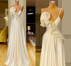 Élégant Satin Ivoire Une Ligne Robes De Mariée Perles À Volants Uniques Perles Avec Bretelles Boho Jardin Mariée Réception Robe De Danse Plus La Taille Materninty Robes De Mariée CL2037