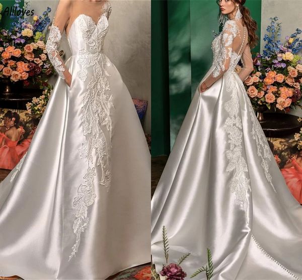 Elegante marfil Satin A Línea Vestidos de novia Bordado Bordado Cuello Cuerpo transparente Boho Boho Bridal con botones de bolsillo Vestidos modernos De Novia CL3092