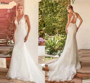 Robes de mariée sirène en satin ivoire élégant avec bretelles en dentelle appliquée Boho jardin robes de mariée grande taille balayage train dos nu réception robes de mariée CL3205