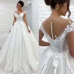 Élégant ivoire tulle une ligne robes de mariée manches courtes applications en dentelle illusion de l'épaule princesse robes nuptiales