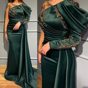 Elegante jade groene avondjurken Arabische Dubai gouden kanten applique kralen lange mouw luxe zeemeermin prom jurk 2023 satijnen beroemdheid feest dragen gewaden de soiree