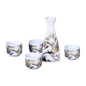 Elegante juego de Sake japonés, botella de vino de porcelana, regalo, pintura de paisaje tradicional china, montaña de invierno y pinos