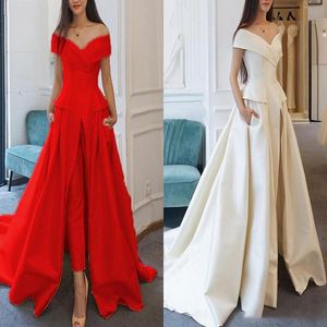 Elegante jumpsuit avond formele jurken 2020 overskirt off-schouders satijn broek pak prom feestjes sweep trein Dubai Abaya Kaftan jurk