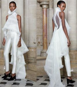 Elegante jumpsuit witte jurken hi-lo kant appliques avondjurk op maat gemaakte hoge nek mouwloze feestjurk