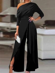 Elegante jumpsuits voor dames lente effen elegante kantoordame losse ruches koude schouder split zoom wijde pijpen jumpsuit 240306