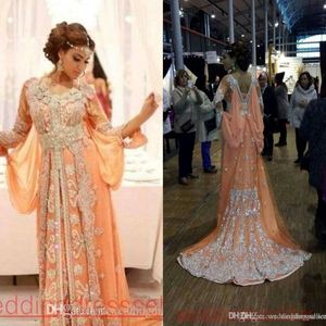 Elegante Kaftan Abaya Arabische avondjurken kralen pailletten Appliques Chiffon Lange formele jurken Dubai Moslim prom -jurken 259G