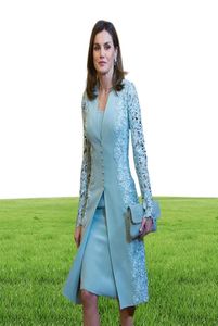 Longueur genou élégante mère de robes de mariée costumes courts deux pièces bleu sarcelle manches longues marié mère robe pour mariage dentelle royaume-uni A7079981