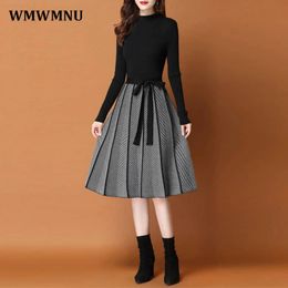 Elegante gebreide patchwork trui jurk winter dikke vrouwen mooie jurken halve coltrui Koreaanse vestidos knitwears midi elbise 240124