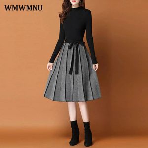 Elegante gebreide patchwork trui jurk winter dikke vrouwen mooie jurken halve coltrui Koreaanse vestidos knitwears midi elbise 240122