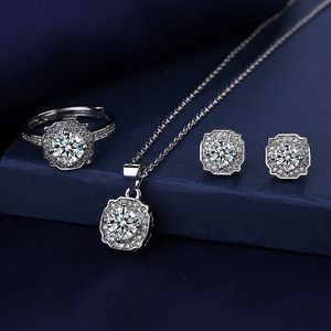 Elegante conjunto de joyas de diamantes de laboratorio, plata de ley 925, anillos de boda para fiestas, pendientes, collar para mujeres, promesa, joyería de moissanita