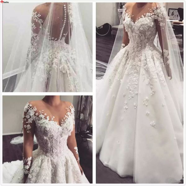 Elegante encaje una línea vestidos de novia 2020 árabe transparente mangas largas tul encaje apliques barrido tren vestidos de boda nupciales con botones BC3370 5j1