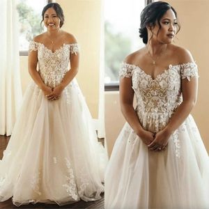 Elegante kanten applique trouwjurken 2023 van de schouder tule sweep trein plus maat op maat gemaakte strand trouwjurk vestido de novia