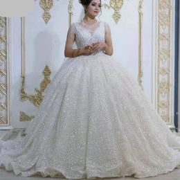 Robes de mariée élégantes en dentelle avec des appliques, robes de mariée de luxe en cristal arabe, ligne a, col en v, paillettes, en Tulle, grande taille, 0202