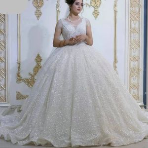 Robes de mariée élégantes en dentelle avec des appliques, robes de mariée de luxe en cristal arabe, ligne a, col en v, paillettes, en Tulle, grande taille