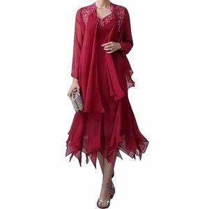 Elegante kant geappliceerde moeder van de bruid jurken chiffon a-lijn bruiloft gast jurk met jasje thee-lengte moeder dresses266g