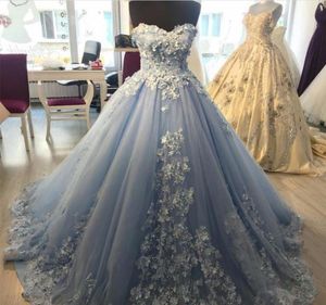Elegante kanten appliques lichtblauwe tule baljurken prom jurken sweetheart 3d kanten bloemen avondjurken2536124