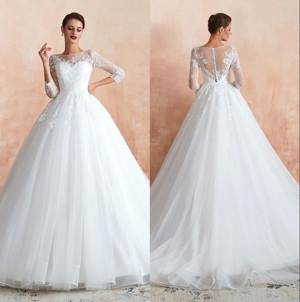 Robes de mariée élégantes en dentelle robe de bal 2020 manches longues en tulle appliqué, plus la taille musulmane Dubaï robes de mariée 100% images réelles BM1411