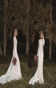 Elegante kanten Boheemse trouwjurken met lange mouwen 2019 Pure nek Volledige achterbodemlengte Aline Country Bruidsjurken Goedkope jurk2654450